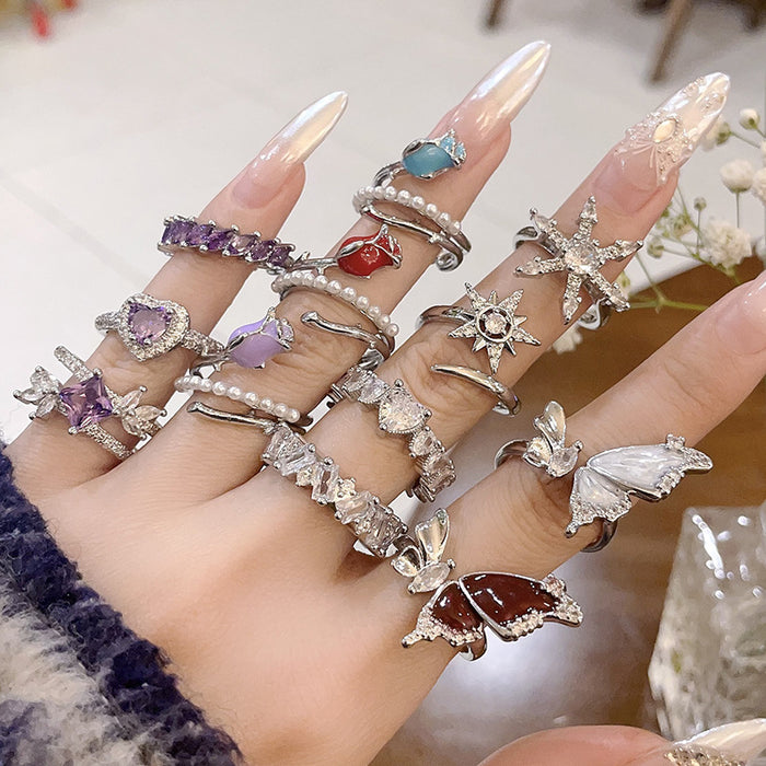 Wholesale Full diamond zircon high-end butterfly heart opening ring, niche design, personality