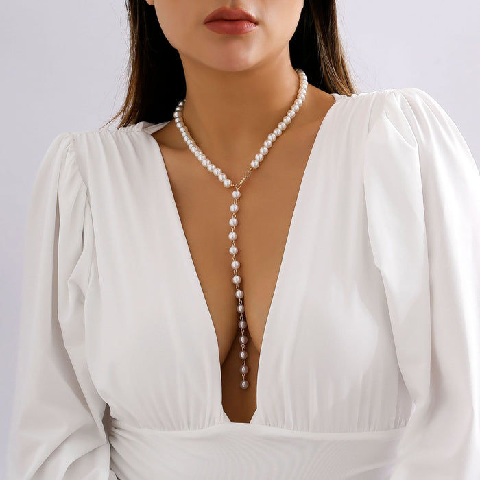 Wholesale Vintage round bead chain bead necklace, simple imitation pearl tassel long style, niche necklace