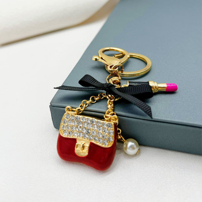 Wholesale Rhinestone Lipstick Bow Small Shoulder Bag Alloy Keychain JDC-KC-ZhanLun005