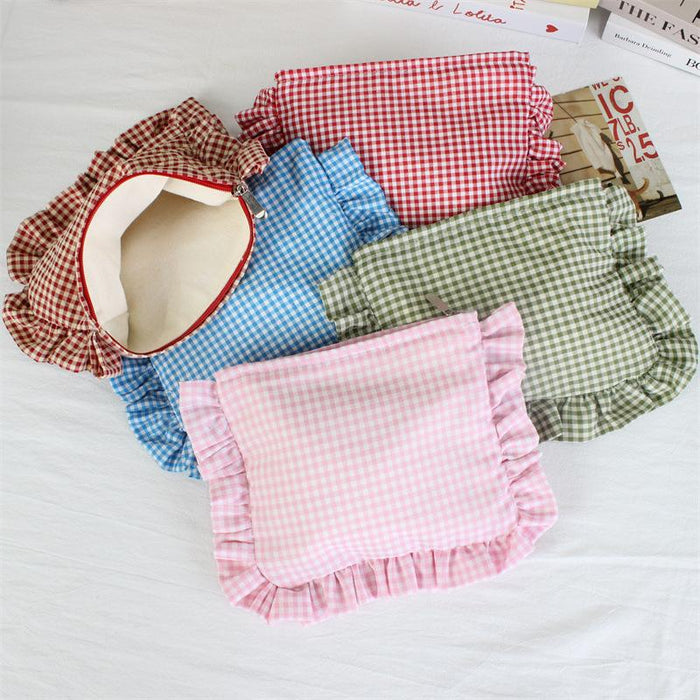 Wholesale Yellow Gingham Ruffle Trim Makeup Bag Large Capacity Portable Cosmetic Organizer For Everyday Use And Boutique Resale