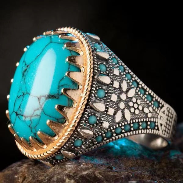 Wholesale Men' s Two-Tone Alloy Ring with Faux Turquoise Inlay