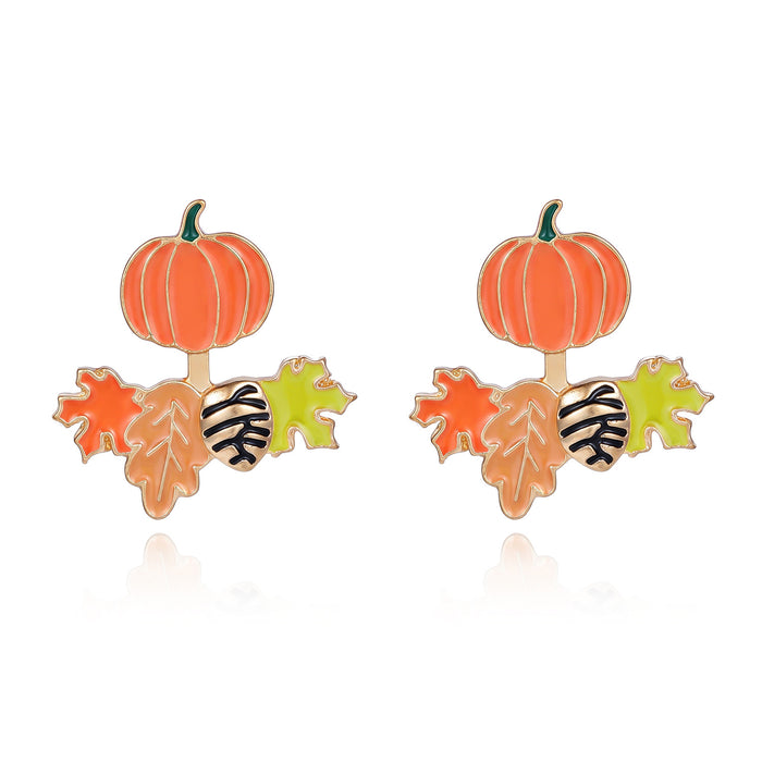 Wholesale Autumn Pumpkin Pinecone Maple Fox Dangle Earrings Drop Oil Double Layer Jewelry Accessory