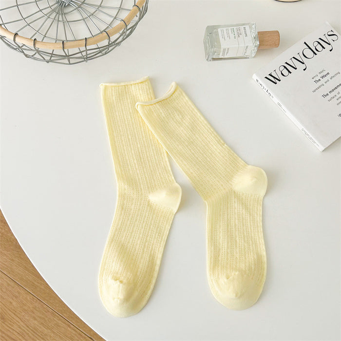 Wholesale Thin socks, children's summer hollow mesh pile socks, rolled edge socks, solid color mid tube socks