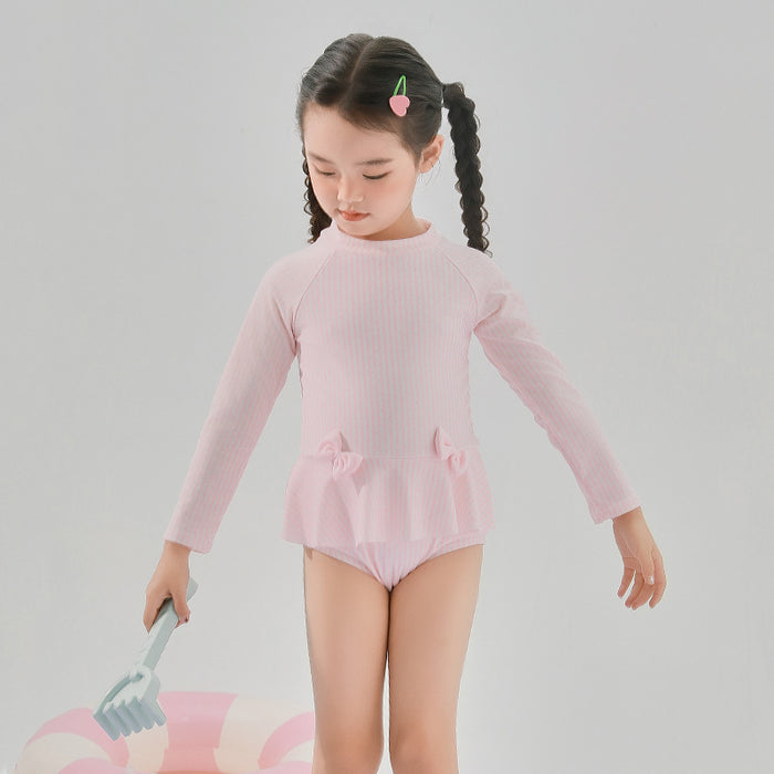 Wholesale Children's Swimwear Girls' Children's Polyester Long Sleeve Sunscreen Solid Color Little Girl's Hot Spring Beach Swimwear