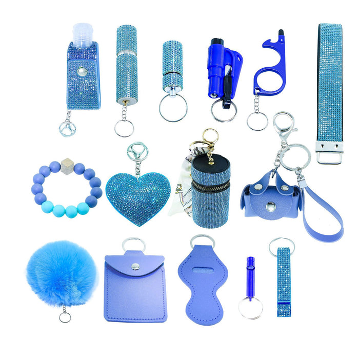 Wholesale Rhinestone Lipstick 15 Piece Keychain Set PU Leather Trendy Self Defense Accessory For Women Boutique Resale