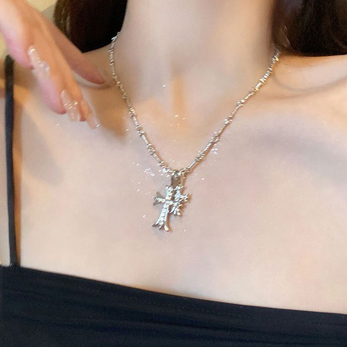 Wholesale Double cross necklace for men and women,  vintage diamond pendant,  clavicle chain