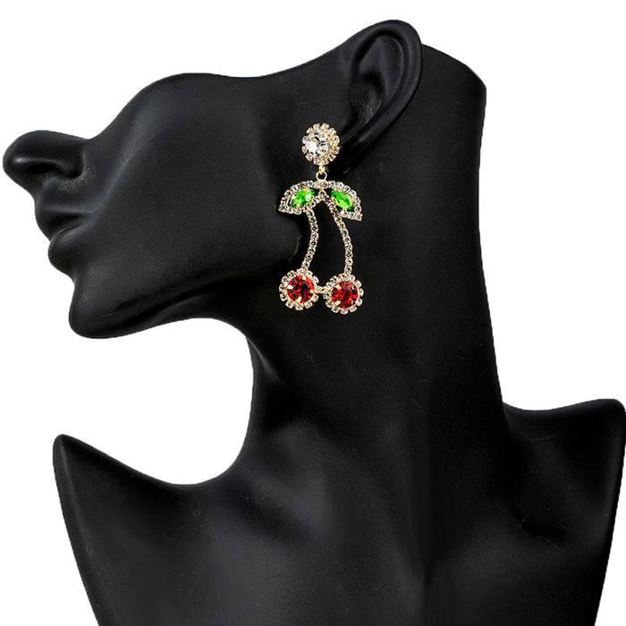 Wholesale Red rhinestone cherry pendant earrings for women, fashionable design, full diamond claw chain jewelry wholesale