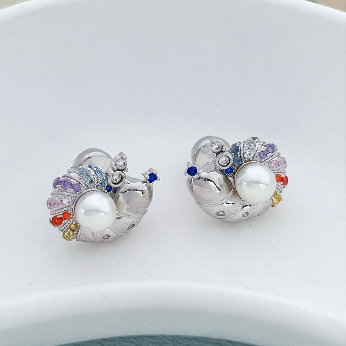 Wholesale New creative high-end conch silver ear needle plated platinum earrings with colorful zirconium imitation pearl earrings, niche