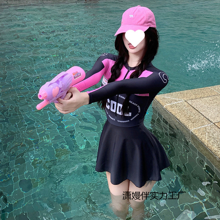 Wholesale Swimsuit conservative one-piece new skirt style slimming, covering the belly, sun protection, long sleeved swimming pool leisure