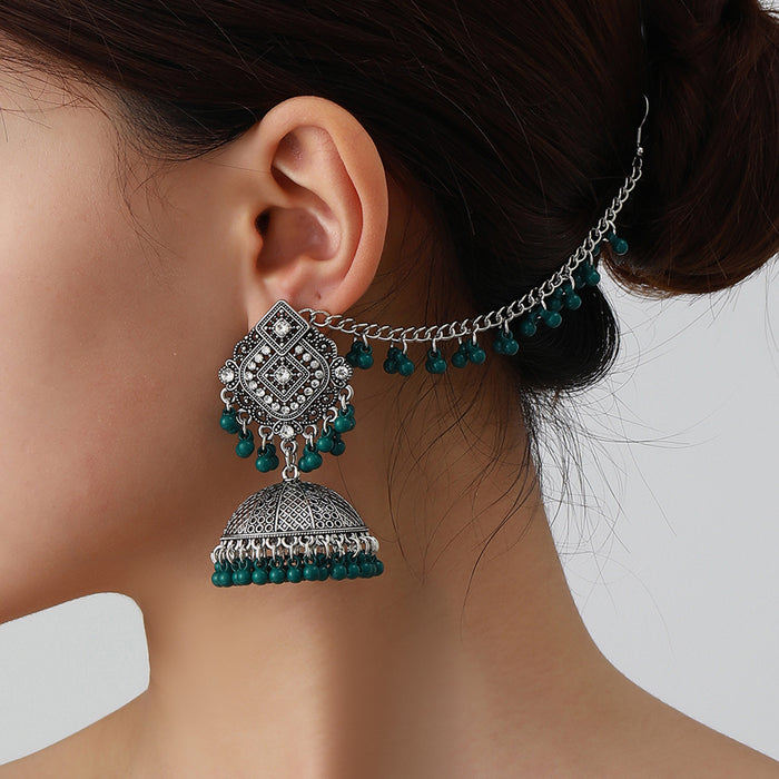 Wholesale vintage ethnic style rhinestone bell tassel earrings and hair chain set