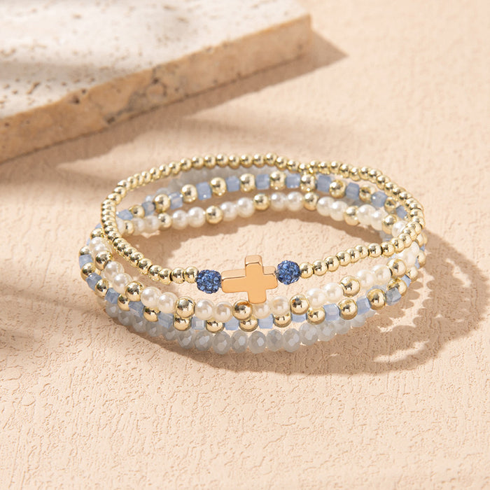 Wholesale Colorful Crystal Elastic Bracelets Ins Style Niche Stacked Cross Bracelet Set