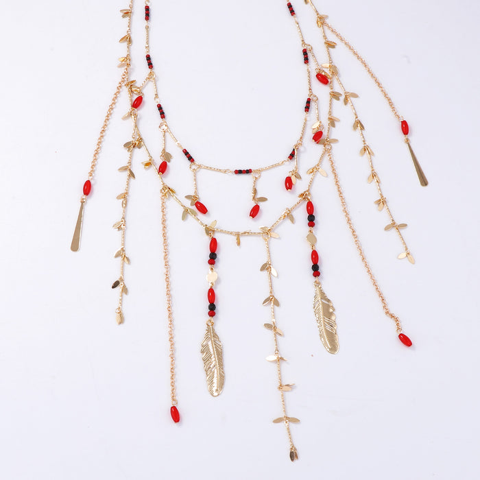 Wholesale Double-Layer Stacked Chain Metal Leaf Beaded Pendant Tassel Women's Necklace