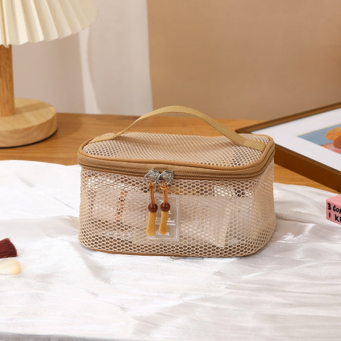 Wholesale Modern Multifunctional Mesh Cosmetic Bag 3 Piece Set Large Capacity Portable Foldable Travel Toiletry Organizer Handbag Pink