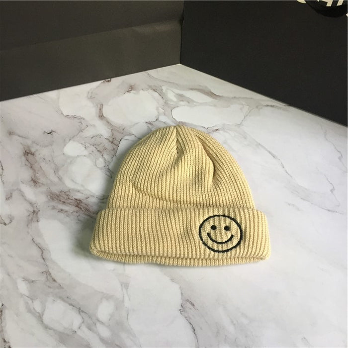 Wholesale Smiley Face Embroidery Solid Color Acrylic Knitted Wool Hat JDC-FH-YBQX006