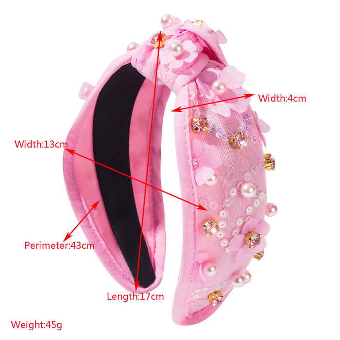 Wholesale Valentine' s Day Fabric Pearl Rhinestone Sequin Flower Headband