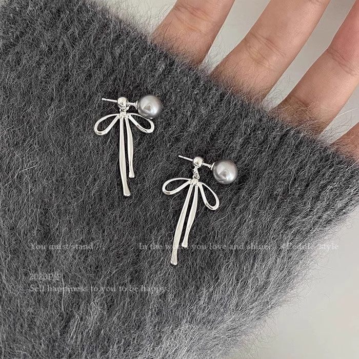 Wholesale Pearl Quality Hemp Gray Two-Wear Bow Silver Needle Earrings