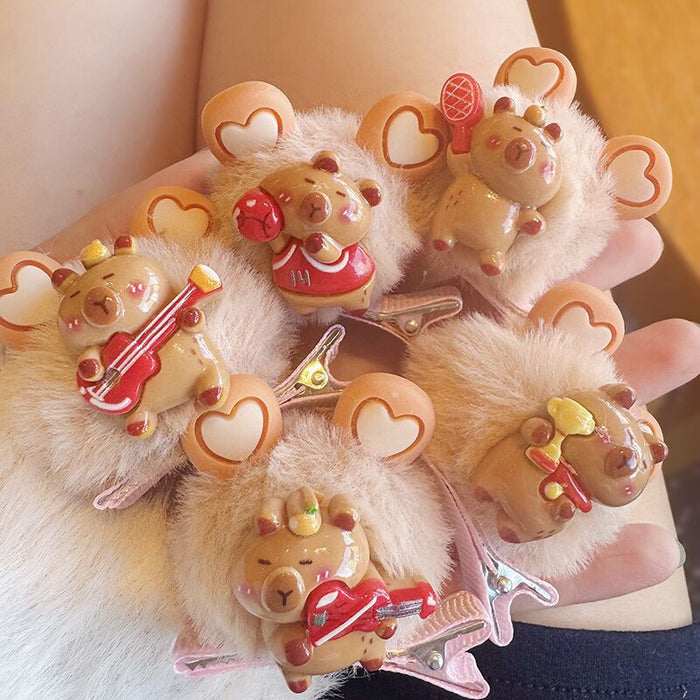 Wholesale 5pcs/ set  Hair Ball Hairpin Girl Cartoon Head Decoration Student Broken Hair Clip Capybara Hairpin