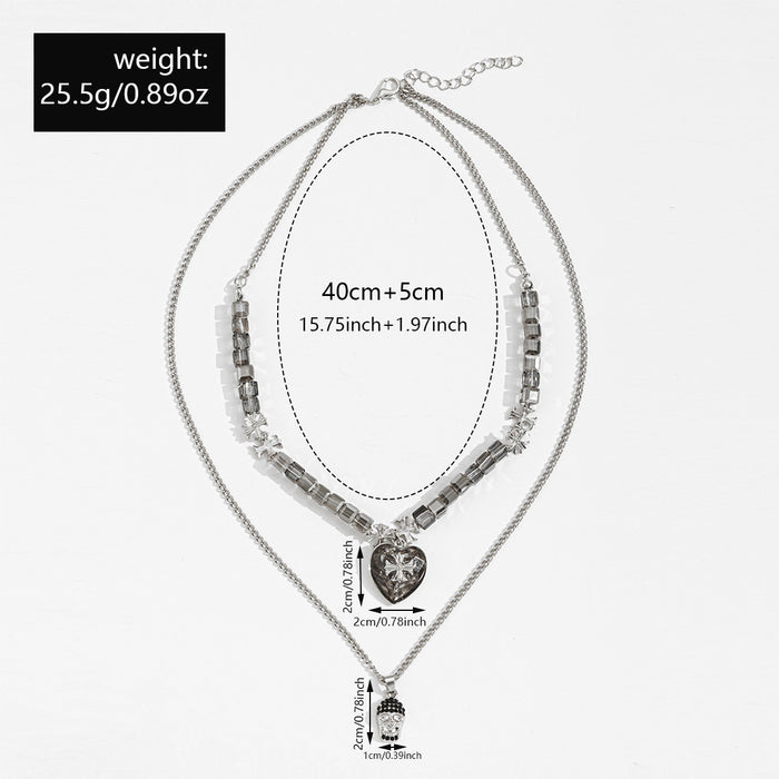 Wholesale Personalized and versatile skull pendant necklace with exaggerated layering, metal heart cross, men's necklace