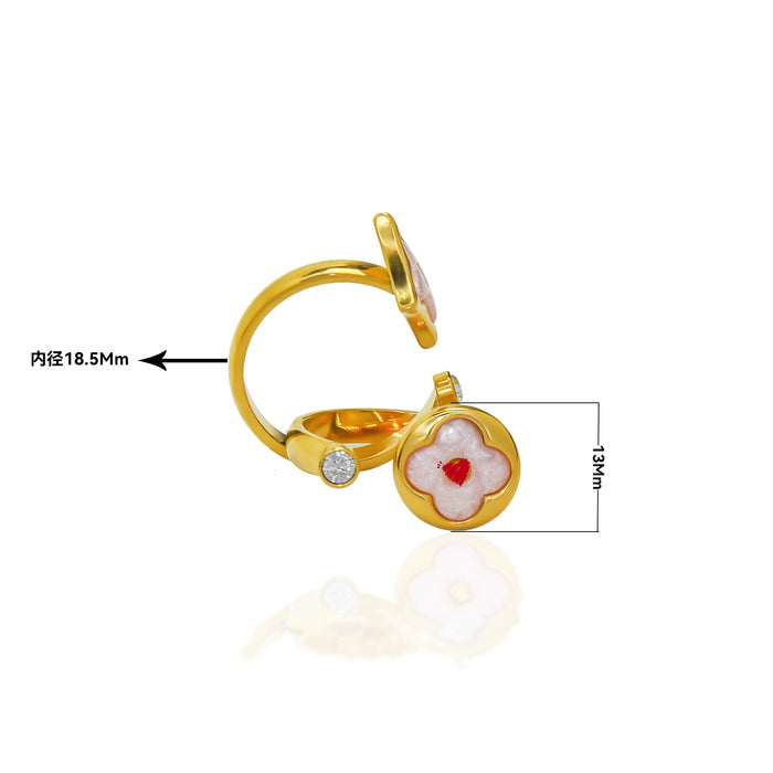 Wholesale Sharp flower round cake ring, light luxury mother of pearl plated 18K gold four leaf clover ring