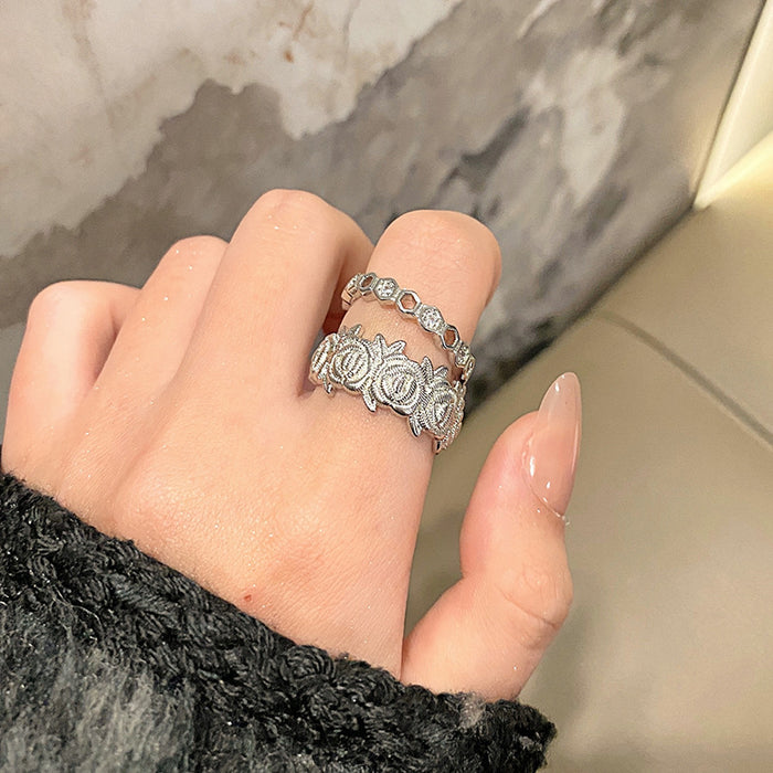 Wholesale Minimalist temperament open ring, niche design sense, double-layer round bead zircon commuting ring