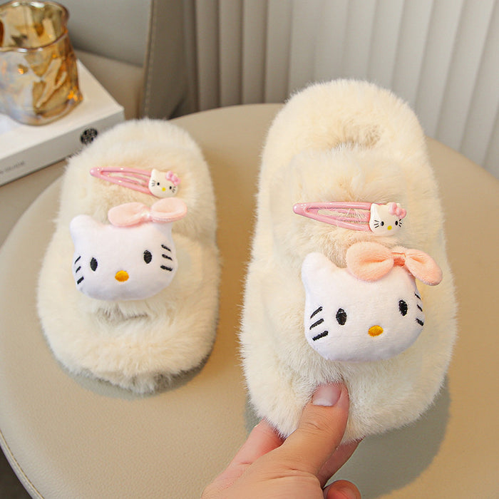 Wholesale Plush cat hairpin soft sole non-slip wear-resistant indoor furry slippers