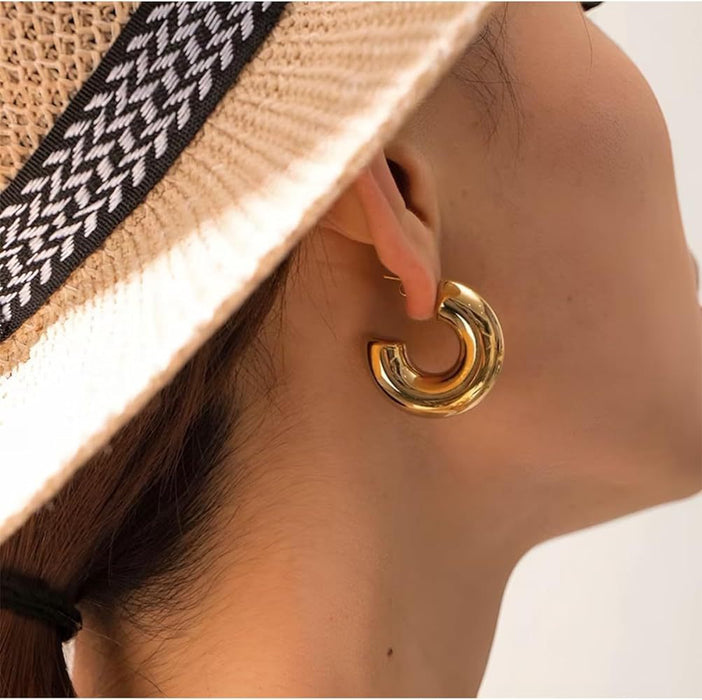 Wholesale Stainless Steel Gold Plated Hoop Earrings Round Open Hollow C-Shaped