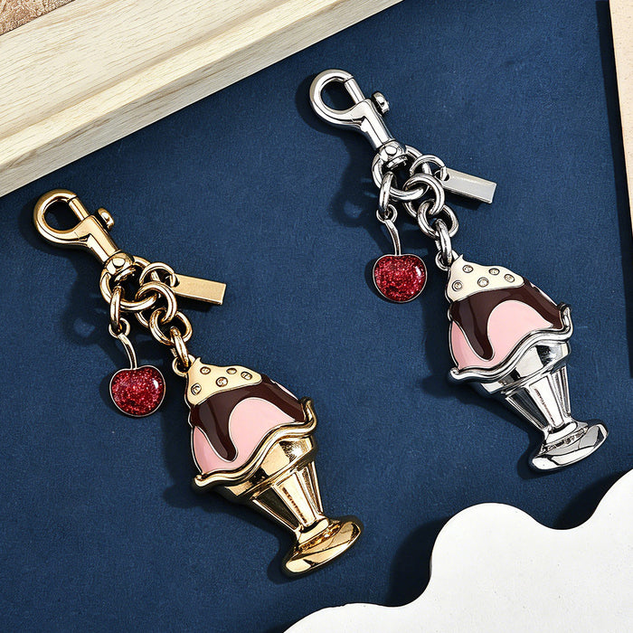 Wholesale 3D Ice Cream Keychain Bag Charm Titanium Steel Gold Tone Cute Dessert Pendant Chic Women S Purse Accessory Gift