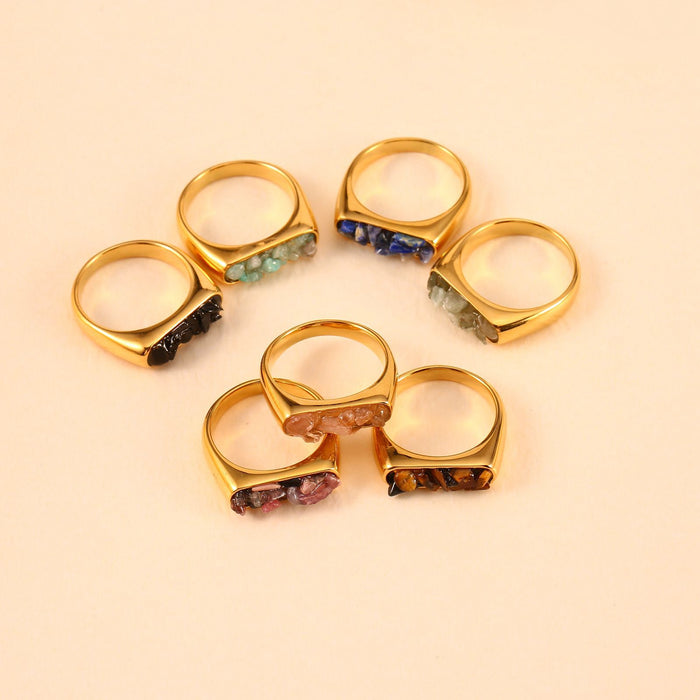 Wholesale Original design: Gold stainless steel inlaid with natural crushed stone ring, fashionable and trendy, multi colored jewelry wholesale
