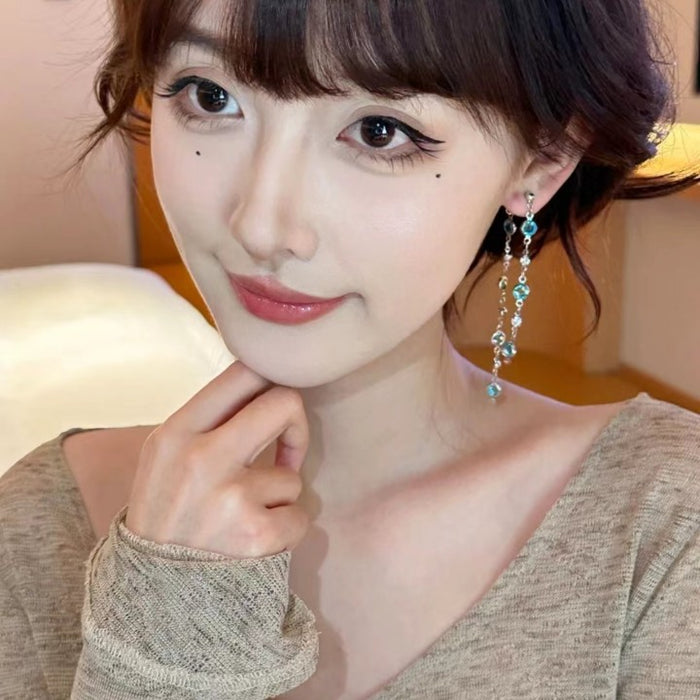 Wholesale Glacier blue crystal tassel earrings long style, light luxury and versatile design earrings