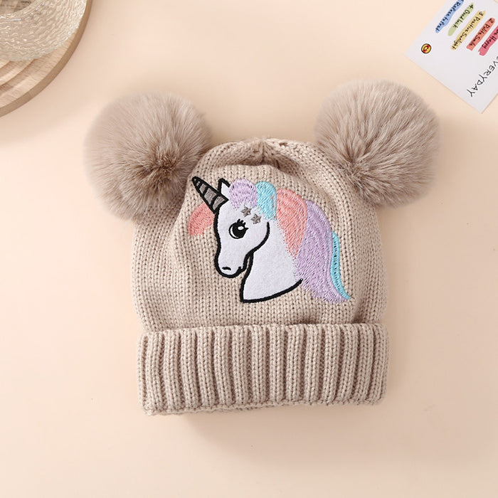 Wholesale Children' s Knit Hat for Autumn and Winter  Embroidered Unicorn and Double Pom-Poms Warm Winter Hat
