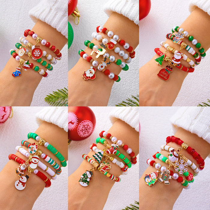 Wholesale Christmas jewelry  elk bell crystal pearl pull-out braided bracelet stacking set
