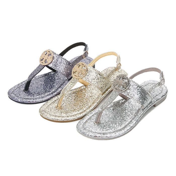 Wholesale Crystal Sequin Simple Low Heel Flat Large Size Sandals JDC-SD-ChengMei001