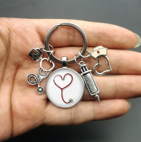 Wholesale Nurse Stethoscope Medical Syringe Picture Glass Cabochon and Glass Dome Keychain JDC-KC-HaoH010