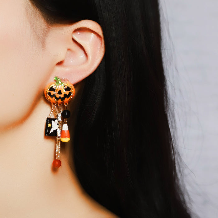 Wholesale Halloween Alloy Inlaid Zircon Pumpkin Skull Tassel Earrings JDC-ES-YueLi025