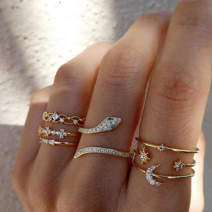 Wholesale 7-piece combination set of rings, star, moon, gemstone, snake shaped ring set