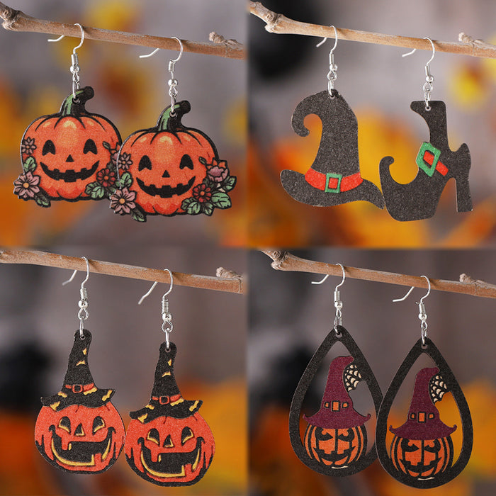Wholesale  Gothic style ghost face pumpkin witch hat witch boots pendant earrings wooden double-sided earrings