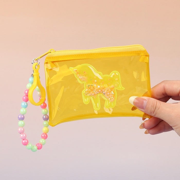 Wholesale Waterproof Unicorn PVC Transparent Card Bag With Quicksand Design Pink Bead Chain Coin Purse