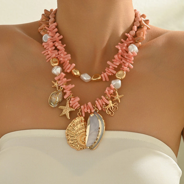 Wholesale Bohemian Starfish Shell Pendant Necklace Faux Pearl Ocean Series Beach Vacation Style