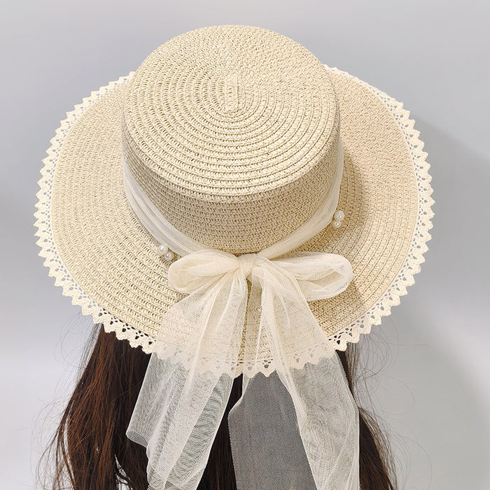 Wholesale Seaside big edge sun hat, beach grass hat, wavy edge pearl bow sun hat
