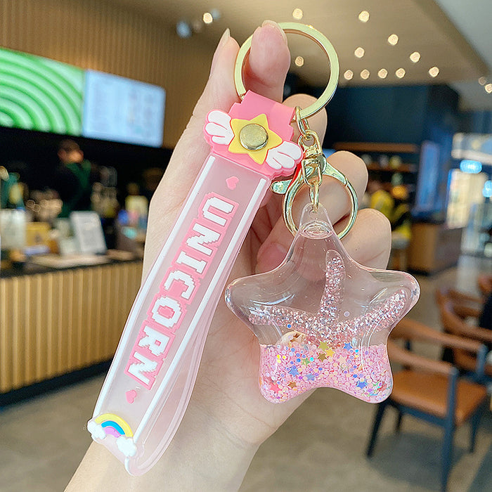 Wholesale Starfish Oil Flow Bottle Keychain Acrylic Pink Gift Bag Charm