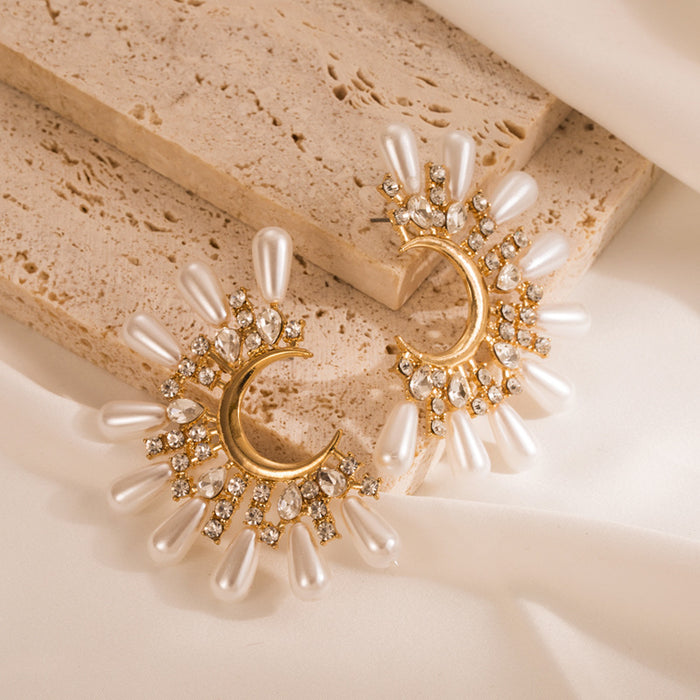 Wholesale Pearl Earrings for Women Inlaid with Rhinestones C-Shaped Earrings