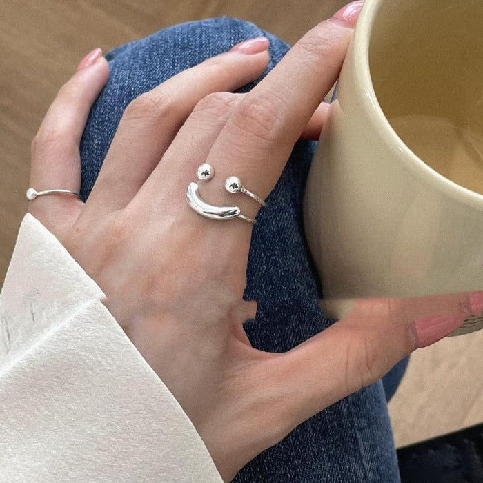 Wholesale Smiling face spherical ring, female index finger, pure silver, niche design, fashionable and personalized