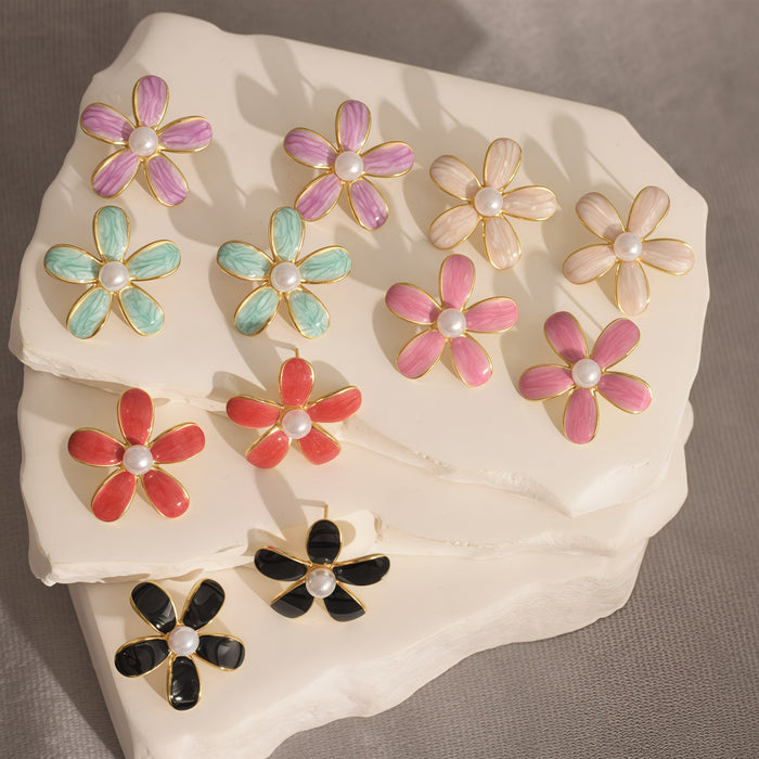Wholesale Vintage Floral 2. 6cm Pearl Earrings Oil-Drip Earrings for Women