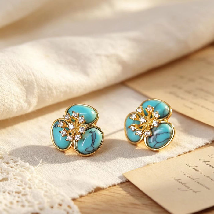 Wholesale Vintage Style Turquoise Inlaid Floral Earrings Copper Gold Plated Fashion Accessory