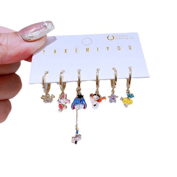 Wholesale   Cute Cartoon Ear Buckle 6-piece Set Color Drop Glaze Asymmetric Earrings Earrings