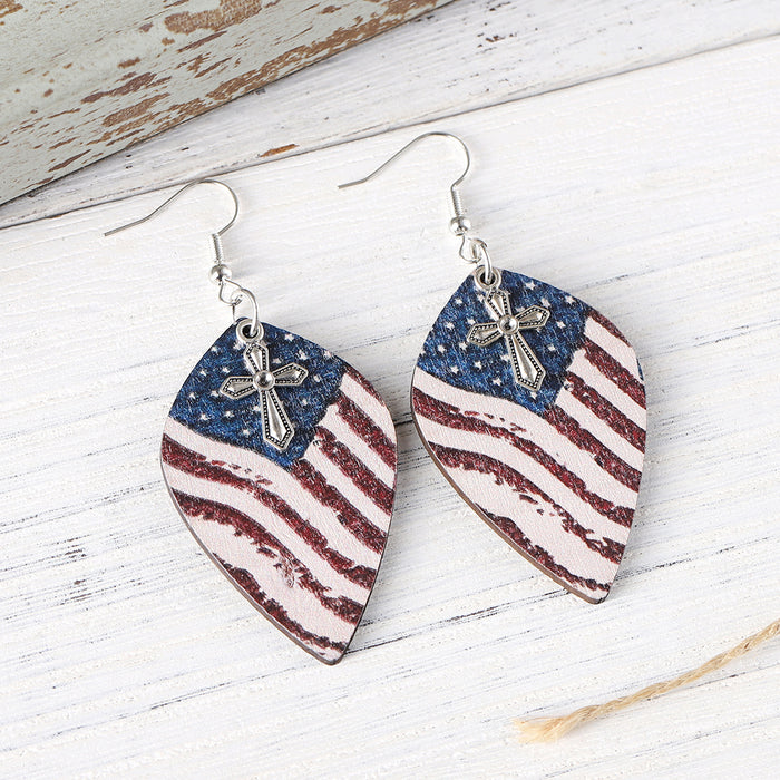 Wholesale Independence Day distressed red,  white and blue flag cross pendant earrings wooden double-sided earrings