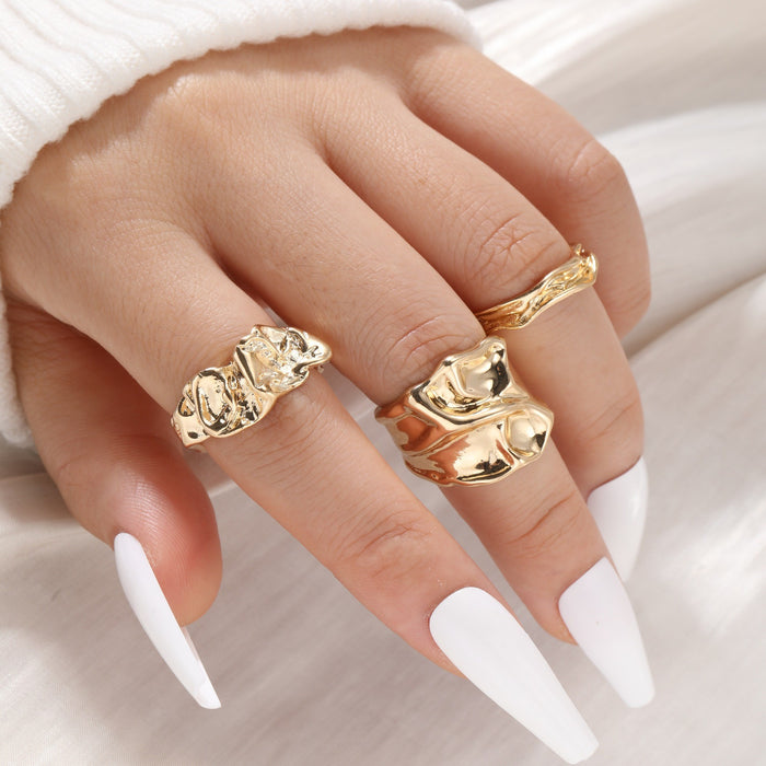 Wholesale Exaggerated lines gold irregular teardrop ring set