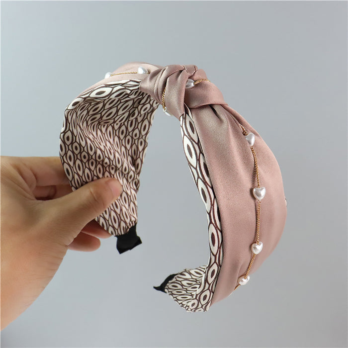 Wholesale Love Pearl Chain Geometric Print Wide Edge Butterfly Knot Headband JDC-HD-ZC014