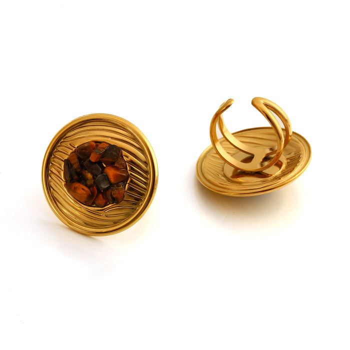 Wholesale New Fashionable Luxury Design Stainless Steel Circular Texture Set with Natural Stone Opening Ring and Earring Set
