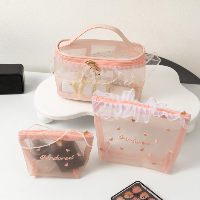 Wholesale 3pcs Ruffled Mesh Cosmetic Makeup Bag
